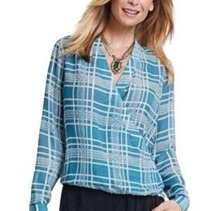 CAbi windowpane plaid faux wrap long sleeve blouse Small #3068